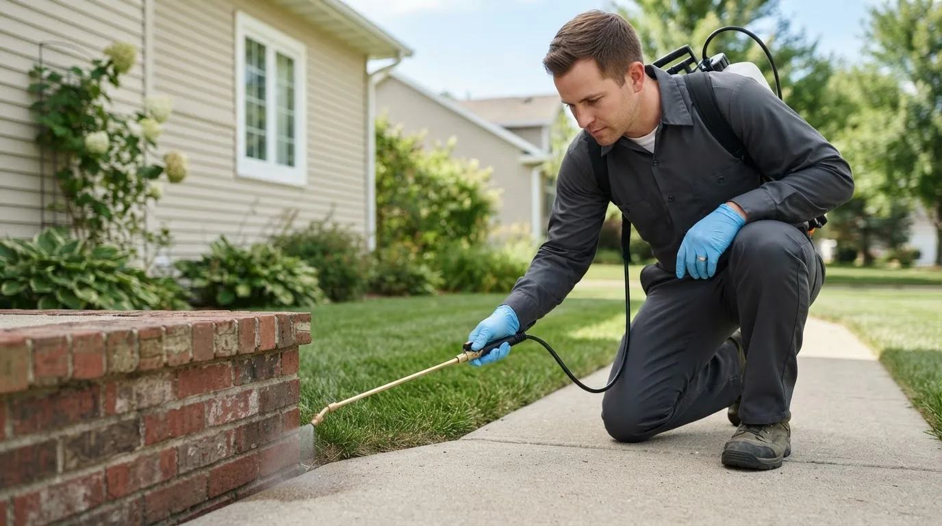 Pest control technician treating a home near Long Island, KS